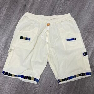 Conoz Shorts Mens Medium Beige Handwoven Cotton Boho Hippie Tribal Trim Aviator